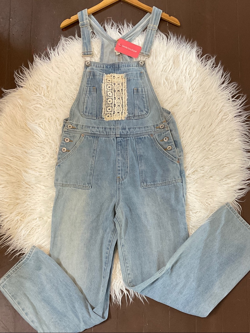 POL Light Blue Denim Overalls with Lace Front Panel